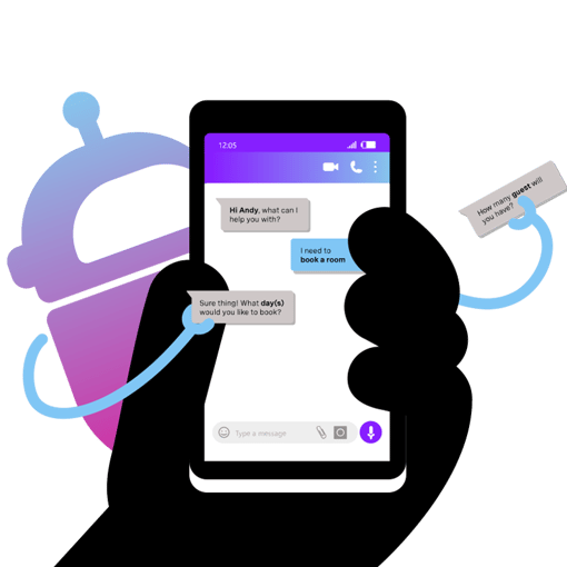 Illustration of a mobile phone with a messaging conversation on the screen; behind the phone is a bot with long arms reaching towards the screen, indicating the bot is facilitating the conversation with the customer