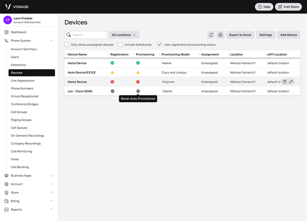 Screen capture of Vonage Business app